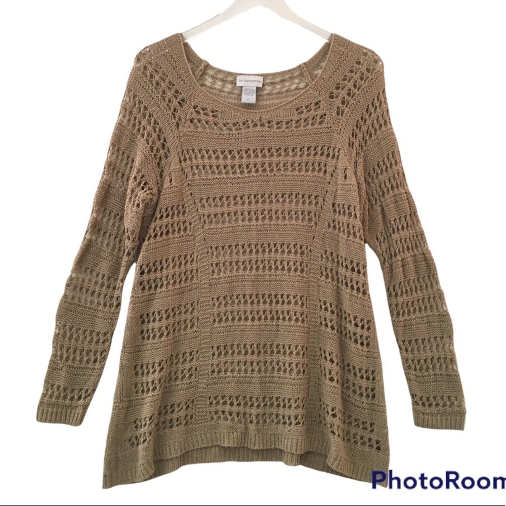 Soft Surrounding Crochet Long Sleeve Tan Tunic Length Sweater Size Petite Large